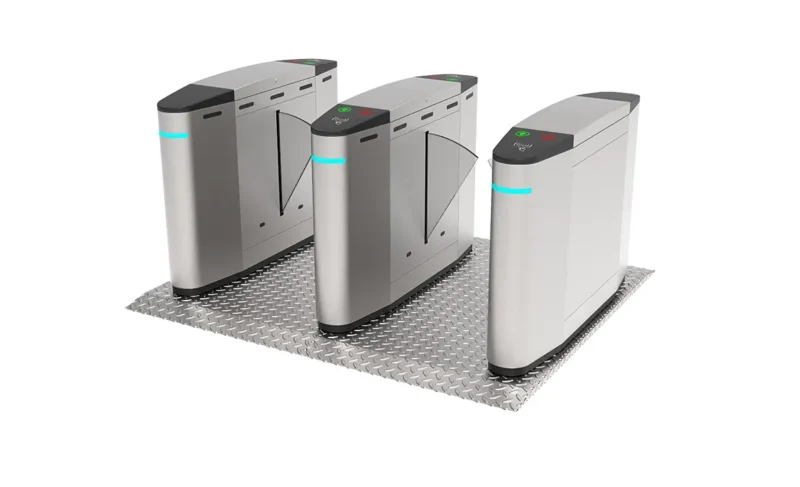 Rounded Body AT304 Public Flap Barrier Turnstile, dual two-lane curved stainless steel flap access gate with full integrated textured anti-slip metal base frame