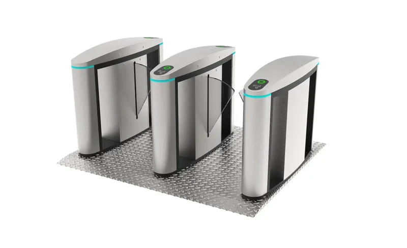 Curved Cabinet AT305 Fast Speed Flap Barrier Turnstile, dual lane with integrated base plate pre-assembled speed flap gate for easy installation