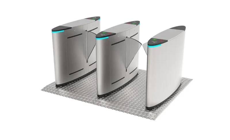 Base-mounted dual lane Exhibition Hall Flap Barrier Turnstile AT306, floor-fixed integrated flap gate with stable base structure for exhibition entry access