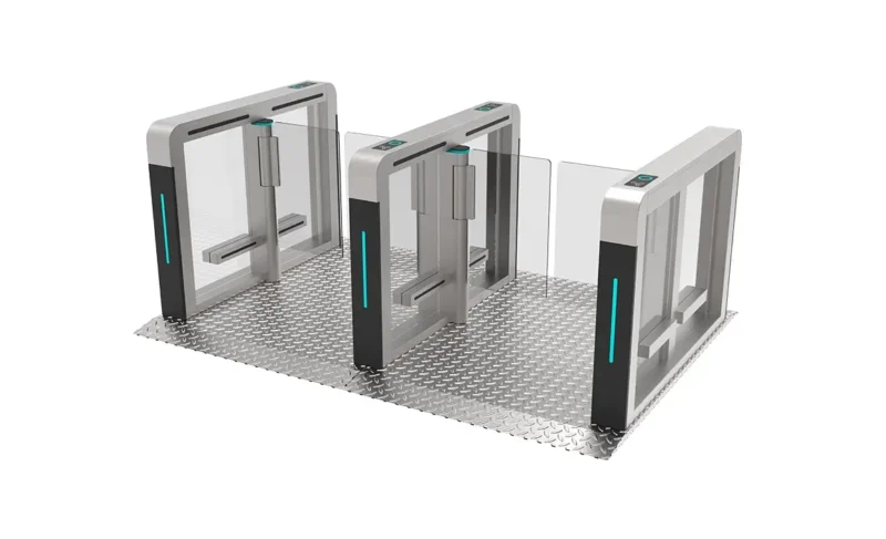 AT403-LD-02 dual-lane swing access barrier with integrated embossed anti-slip base, brushed SUS304 stain-proof turnstile with vertical cyan LED indicator & transparent glass swing panel