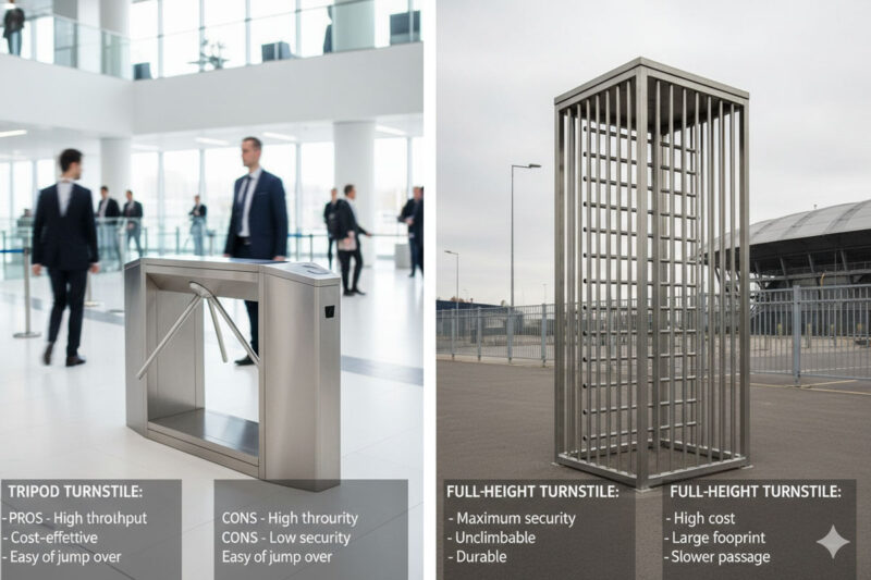 ![Comparison of tripod and full-height turnstiles](https://aipadaturnstile.com/wp-content/uploads/2026/03/What-are-the-Pros-and-Cons-of-Tripod-vs.-Full-Height-Turnstiles.jpg "Tripod vs. Full-Height Turnstiles")