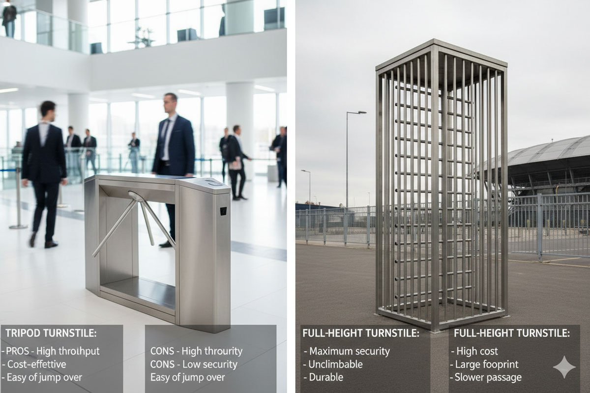 ![Comparison of tripod and full-height turnstiles](https://aipadaturnstile.com/wp-content/uploads/2026/03/What-are-the-Pros-and-Cons-of-Tripod-vs.-Full-Height-Turnstiles.jpg "Tripod vs. Full-Height Turnstiles")