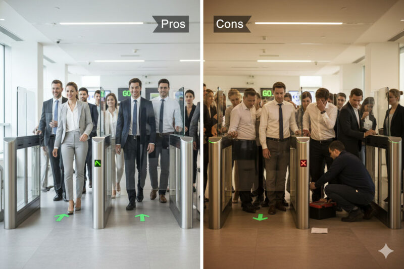 ![Pros and cons of flap barriers](https://aipadaturnstile.com/wp-content/uploads/2026/04/What-are-the-Pros-and-Cons-of-Flap-Barriers.jpg "Flap Barriers Pros and Cons")