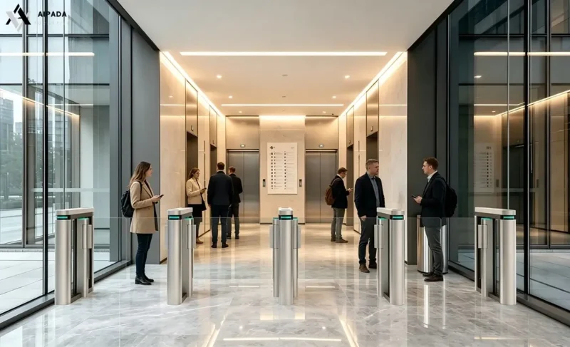 Speed gate turnstile controlling pedestrian access in an office lobby