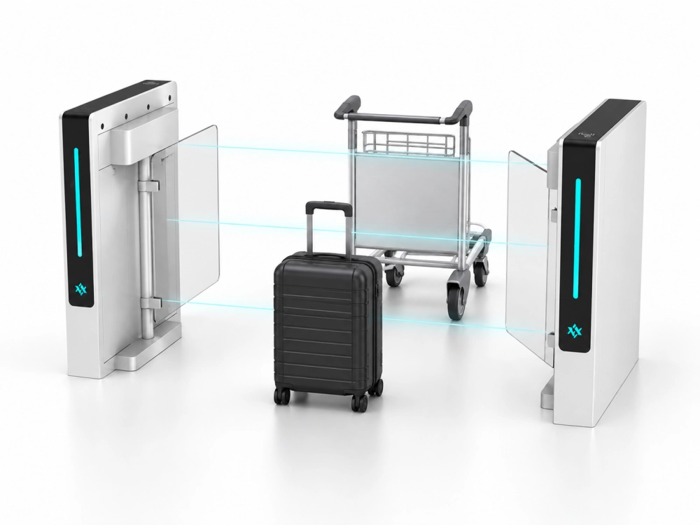 Airport swing gates detecting carry-on luggage and baggage trolley