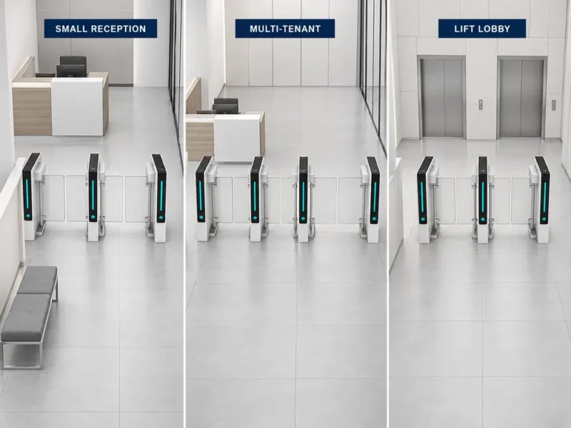 Three office swing gate reception layouts for small offices, multi-tenant lobbies and lift lobbies