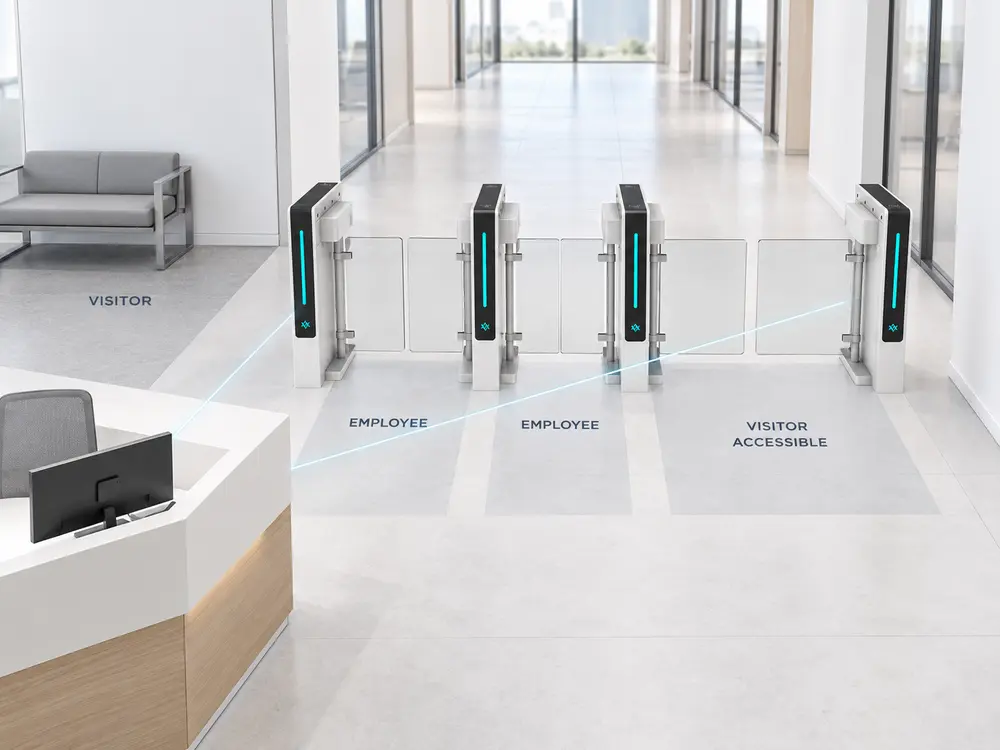 Office swing gate reception sightlines, employee flow and accessible lane