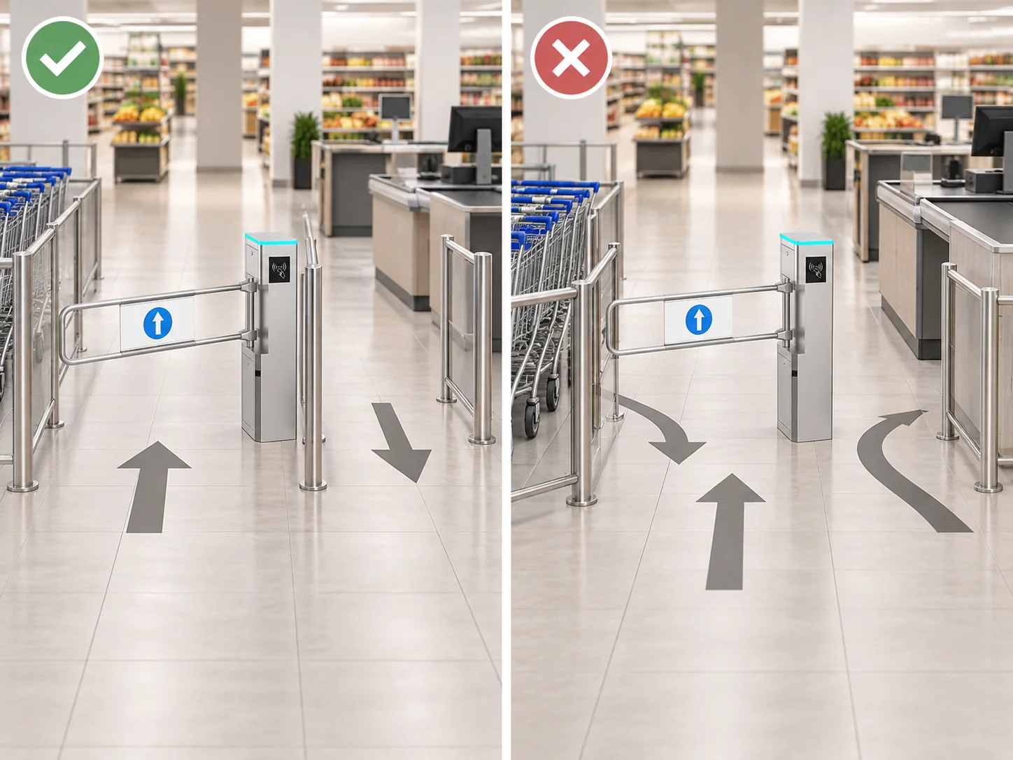 Supermarket swing gate entrance and checkout exit placement comparison