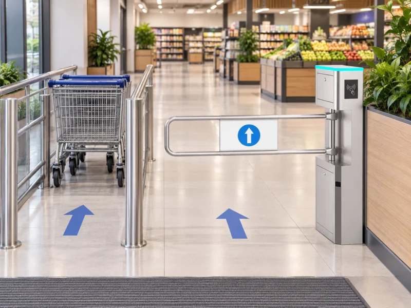 Supermarket swing gate controlling one-way customer flow beside trolley access